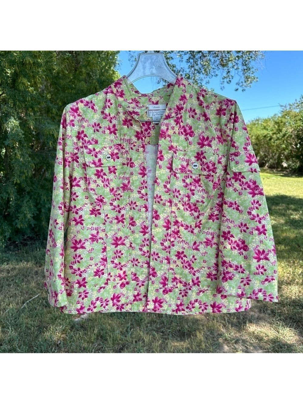 Christopher Banks Stretch Floral OPEN Jacket Blazer Womens Medium Green Pockets